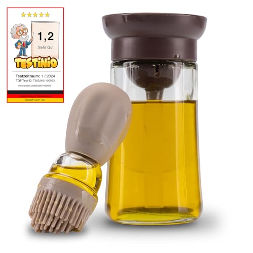 Fino Casa 2in1 Ölflasche mit Pinsel, Ölspender, Ölsprüher mit Silikonpinsel, Glasflasche zum befüllen mit 180ml Öl oder Essig mit Backpinsel (Beige/Hellbraun) von Fino Casa