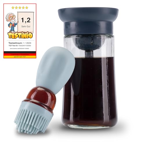 Fino Casa 2in1 Ölflasche mit Pinsel, Ölspender, Ölsprüher mit Silikonpinsel, Glasflasche zum befüllen mit 180ml Öl oder Essig mit Backpinsel (Hell-/Dunkelblau) von Fino Casa
