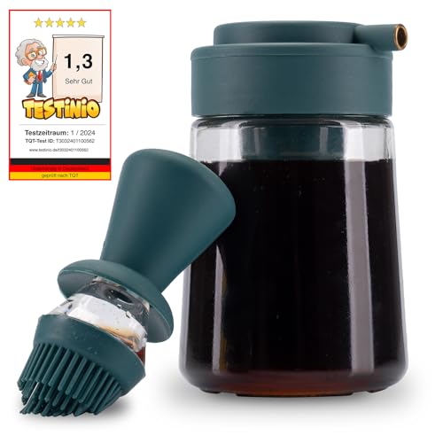 Fino Casa 3in1 Ölflasche mit Pinsel und Ausgießer, Ölspender zum dosieren Ölsprüher mit Silikonpinsel Glasflasche 350ml Öl oder Essig Backpinsel (Petrol/Dunkelgrün) von Fino Casa