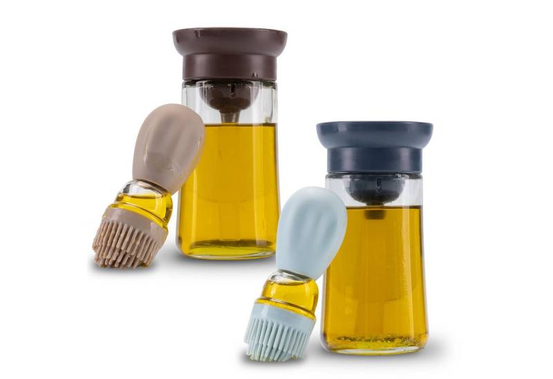 Fino Casa Ölspender 2 in 1 Ölspender, (2er Set: 1x Blau & 1x Beige mit Backpinsel mit Silikonpinsel, Ölsprüher Glasflasche zum befüllen mit 180ml Öl oder Essig) von Fino Casa