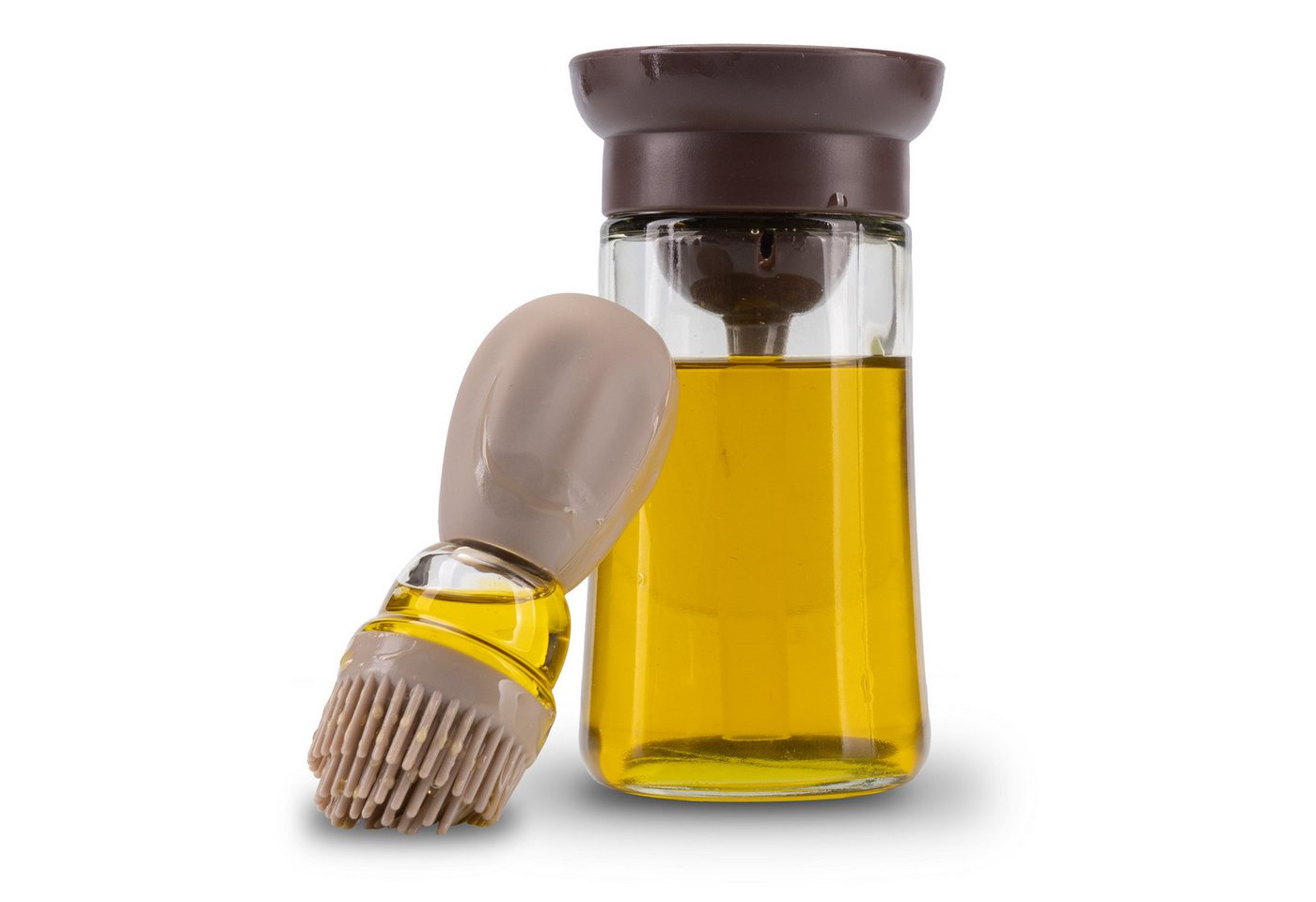 Fino Casa Ölspender 2 in 1 Ölspender, (Beige/Hellbraun mit Backpinsel, Ölsprüher mit Silikonpinsel Glasflasche zum befüllen mit 180ml) von Fino Casa