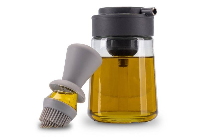 Fino Casa Ölspender 3 in 1 Ölspender, (Anthrazit/Hellgrau Ölflasche mit Pinsel und Ausgießer Ölspender zum dosieren Ölsprüher mit Silikonpinsel, Glasflasche 350ml Öl oder Essig Backpinsel) von Fino Casa