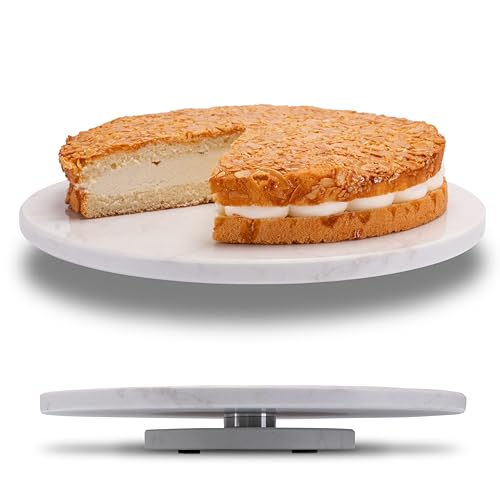 Fino Casa drehbare Marmorplatte rund Tortenplatte Kuchenplatte Wurstplatte Käseplatte Marmor Platte Servierplatte mit Fuss Servierteller weiß Drehteller Etagere Tortenständer Deko Tablett Tischdeko von Fino Casa