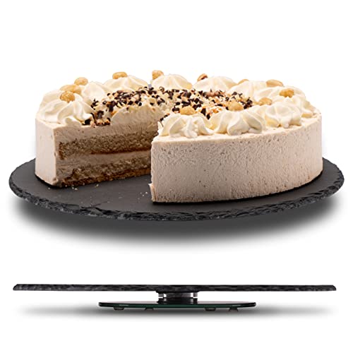 Fino Casa drehbare Schieferplatte rund als Servierplatte Kuchenplatte Wurstplatte Käseplatte Die Schiefer Platte Tortenplatte mit Fuss Servierteller schwarz Drehteller Etagere Deko Tablett Tischdeko von Fino Casa