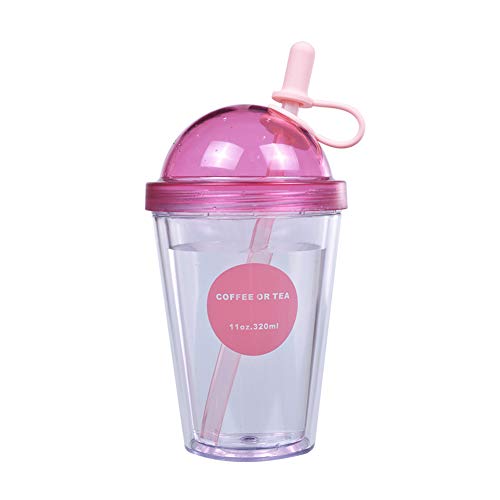 Tasse Becher, Finoki, Silikon, Doppelwandig Strohbecher Bubble Tea Becher Trinkflasche mit Strohhalm Deckel Strohhalm für Saft Kaffee Eiskaffee(Pink) von Finoki