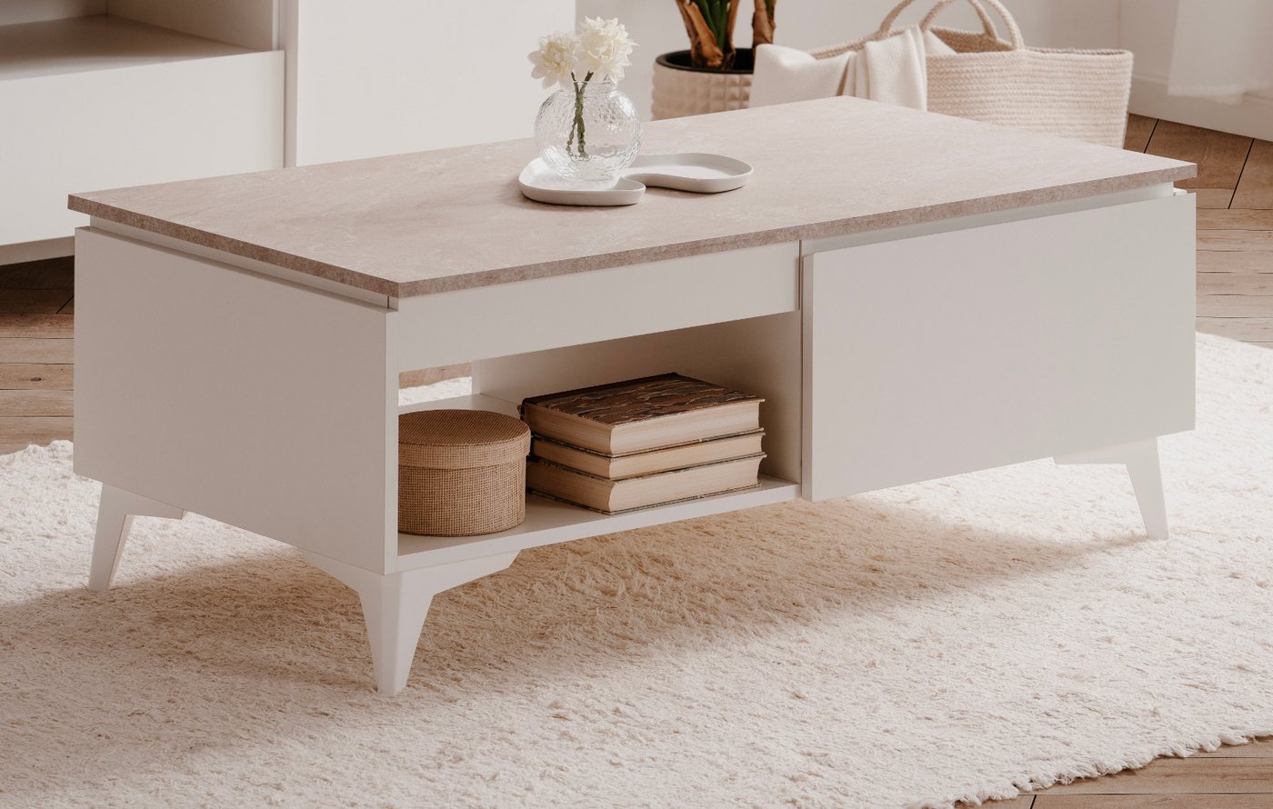 Finori Couchtisch Visby (Wohnzimmer Tisch in weiß, 100 x 55 cm), mit Sandstein von Finori