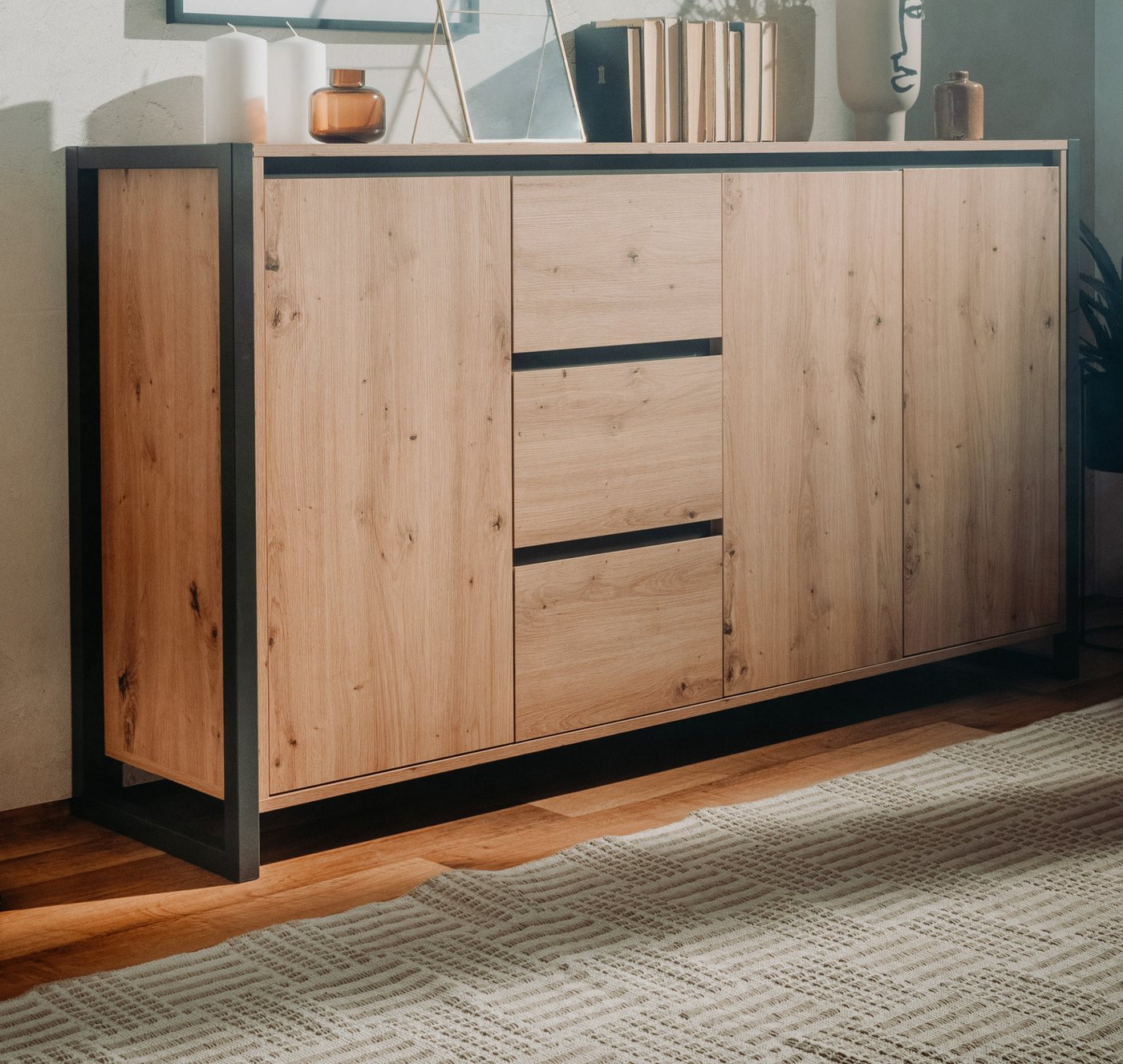 Finori Sideboard Denver (Kommode in Eiche Artisan und Anthrazit, Breite 160 cm), Industrial Design, 3 Türen, 3 Schubladen von Finori