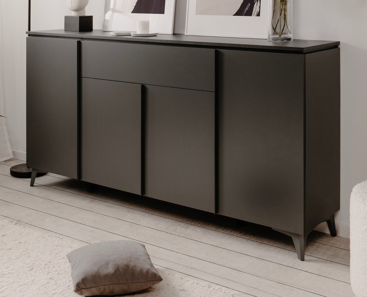 Finori Sideboard Visby (Anrichte in grau Anthrazit, 4-türig, 177 x 92 cm), mit Schiefer von Finori