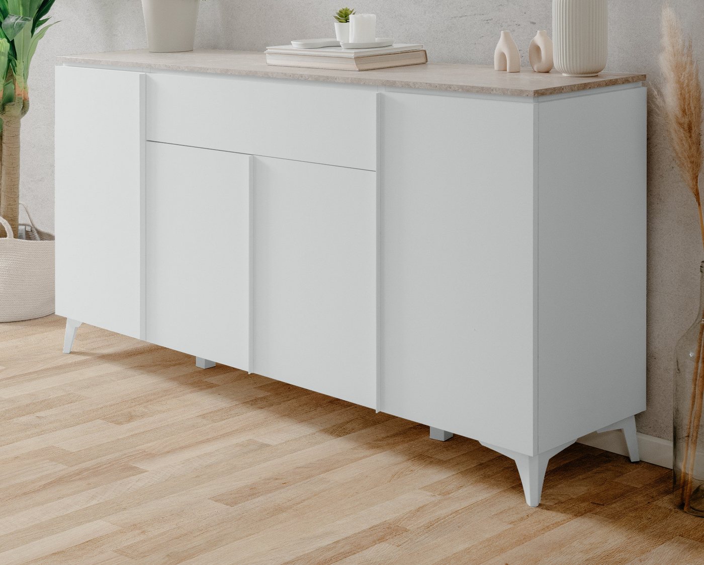 Finori Sideboard Visby (Kommode in weiß, 4-türig, 177 x 92 cm), mit Sandstein von Finori