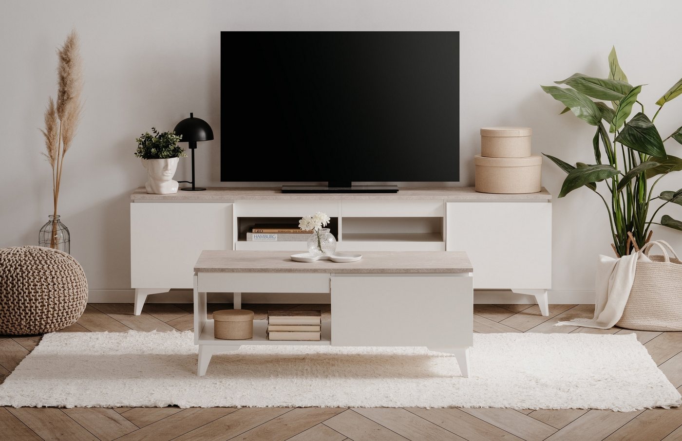 Finori Wohnzimmer-Set in Sandstein / weiß - 100x40x55cm (BxHxT), (Set besteht aus Bertrix Couchtisch 55C und Bertrix 56A TV-Board) von Finori