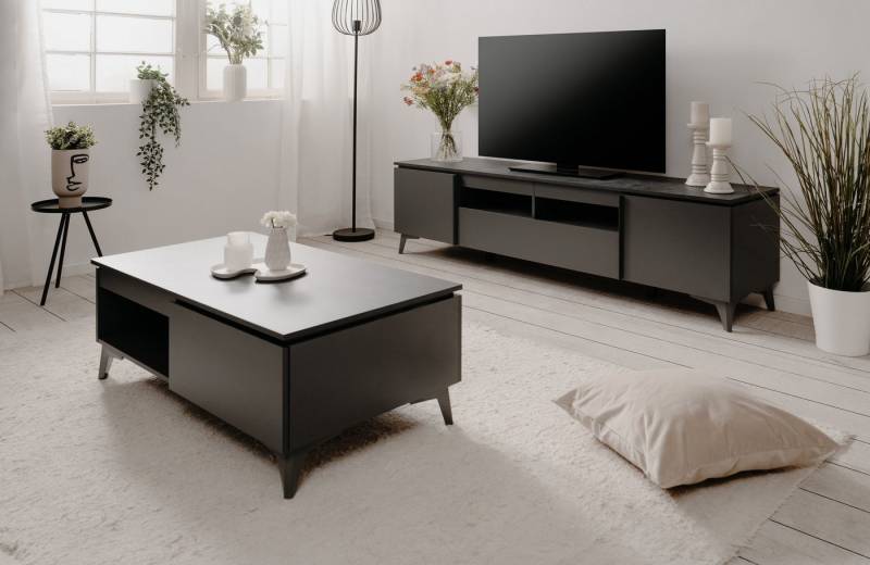 Finori Wohnzimmer-Set in Schiefer dunkel / anthrazit - 177x51,5x40cm (BxHxT), (Set besteht aus Bertrix Couchtisch 55C und Bertrix 56A TV-Board) von Finori