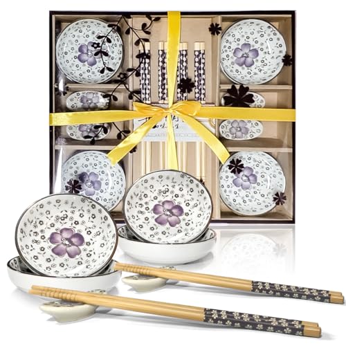 Finsink Sushi Geschirr 4 Personen 12 Pcs Keramik Dipschalen Set Runden Pflaumenblüte Muster Sushi Servier Set Perfekt als Geschenke für Paare oder Geburtstag von Finsink