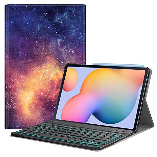 FINTIE Beleuchtete Tastatur Hülle für Samsung Galaxy Tab S6 Lite 10,4 Zoll 2024/2022/2020 - Keyboard Cover mit Abnehmbarer QWERTZ Layout Hintergrundbeleuchtung Tastatur, Die Galaxie von FINTIE