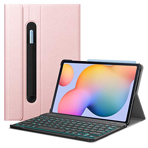 Fintie Beleuchtete Tastatur Hülle für Samsung Galaxy Tab S6 Lite 10,4 Zoll 2024/2022/2020 - Keyboard Cover mit Abnehmbarer QWERTZ Layout Hintergrundbeleuchtung Tastatur, Roségold von FINTIE