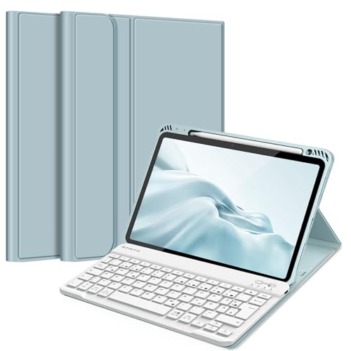 Fintie Tastatur Hülle für iPad Air 5 2022 / iPad Air 4 2020 10.9 Zoll, Schutzhülle mit TPU Rückschale, Pencil Halter und magnetisch Abnehmbarer Tastatur mit QWERTZ Layout, Eisblau von Fintie