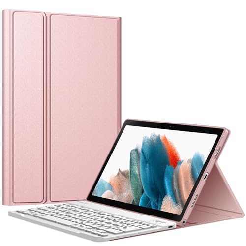 Fintie Tastatur Hülle für Samsung Galaxy Tab A8 10.5'' 2021 SM-X200/X205, Soft TPU Rückseite Gehäuse Schutzhülle, Magnetisch Abnehmbarer Tastatur mit Deutsche QWERTZ Layout, Roségold von Fintie