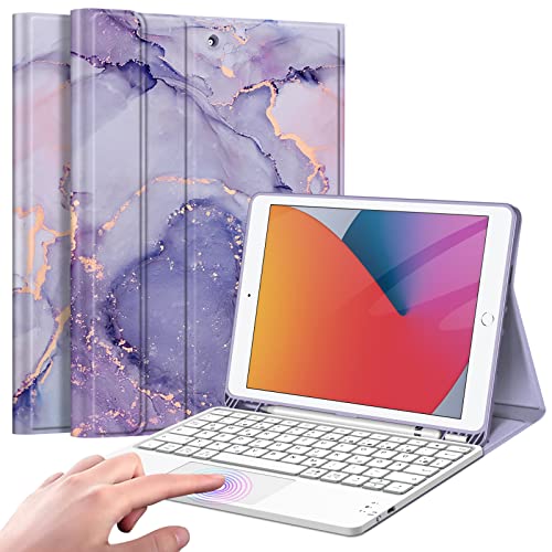Fintie Tastatur Hülle für iPad (9. / 8. und 7. Generation - 2021/2020/2019), iPad 10.2 Hülle mit Tastatur, Deutscher Tastatur mit Touchpad Magnetisch Abnehmbarer Keyboard, Marmor Lila von Fintie