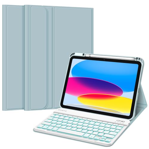 FINTIE Hülle mit Tastatur für iPad 11 Generation 2025 11 Zoll, iPad 10 Generation 2022 10.9 Zoll, 7-farbig Beleuchteter Magnetischer Abnehmbarer Keyboard Hülle mit Stifthalter, Eisblau von FINTIE