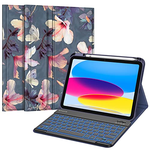 FINTIE Hülle mit Tastatur für iPad 11 Generation 2025 11 Zoll, iPad 10 Generation 2022 10.9 Zoll, 7-farbig Beleuchteter Magnetischer Abnehmbarer Keyboard Hülle mit Stifthalter, Hibiskus von FINTIE