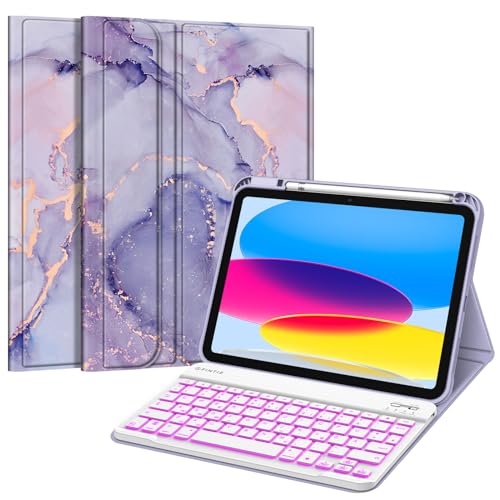 Fintie Tastatur Hülle für iPad 10. Generation 2022 (10.9 Zoll), Keyboard Case mit 7-farbig Beleuchteter Magnetischer Abnehmbarer Deutscher Tastatur, Marmor Lila von Fintie