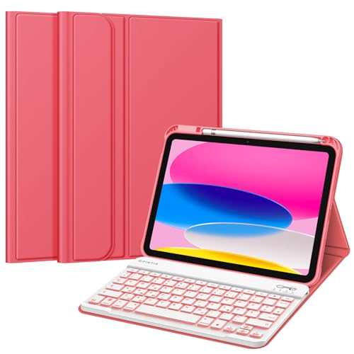 Fintie Tastatur Hülle für iPad 10. Generation 2022 (10.9 Zoll), Keyboard Case mit 7-farbig Beleuchteter Magnetischer Abnehmbarer Deutscher Tastatur, Pink von Fintie