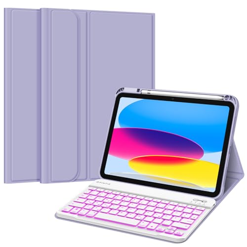 FINTIE Hülle mit Tastatur für iPad 11 Generation 2025 11 Zoll, iPad 10 Generation 2022 10.9 Zoll, 7-farbig Beleuchteter Magnetischer Abnehmbarer Keyboard Hülle mit Stifthalter, Violett von FINTIE