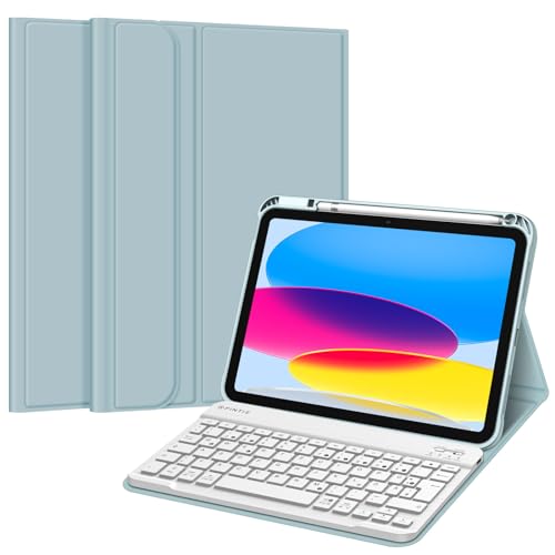 Fintie Tastatur Hülle für iPad 10. Generation 2022 (10.9 Zoll), Schutzhülle mit TPU Rückschale, Pencil Halter und magnetisch Abnehmbarer Tastatur mit QWERTZ Layout, Eisblau von Fintie