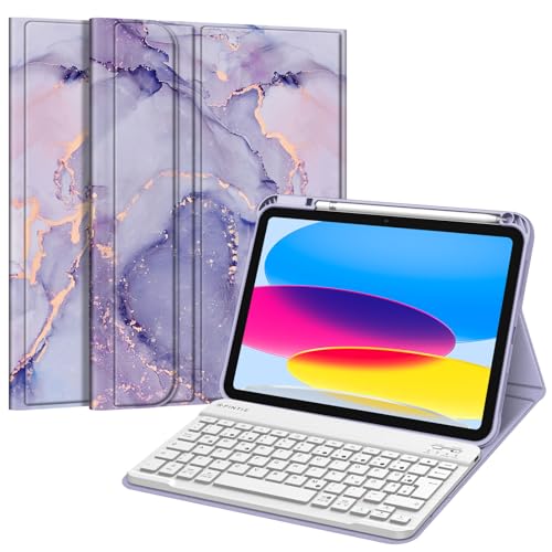 FINTIE Tastatur Hülle für iPad 11.Generation 11" 2025, iPad 10. Generation 2022 10.9", Schutzhülle mit TPU Rückschale, Pencil Halter und magnetisch Abnehmbarer Tastatur mit QWERTZ Layout, Marmor Lila von FINTIE