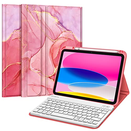 FINTIE Tastatur Hülle für iPad 11.Generation 11" 2025, iPad 10. Generation 2022 10.9", Schutzhülle mit TPU Rückschale, Pencil Halter und magnetisch Abnehmbarer Tastatur mit QWERTZ Layout, Marmor Pink von FINTIE