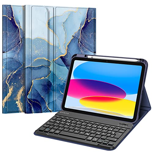 Fintie Tastatur Hülle für iPad 10. Generation 2022 (10.9 Zoll), Schutzhülle mit TPU Rückschale, Pencil Halter und magnetisch Abnehmbarer Tastatur mit QWERTZ Layout, Ozean Marmor von Fintie