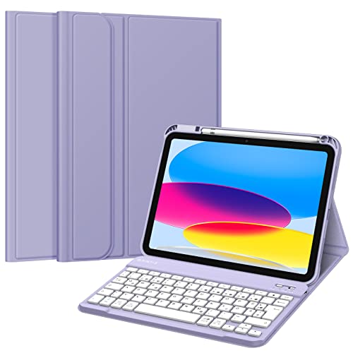 Fintie Tastatur Hülle für iPad 10. Generation 2022 (10.9 Zoll), Schutzhülle mit TPU Rückschale, Pencil Halter und magnetisch Abnehmbarer Tastatur mit QWERTZ Layout, Pastellviolett von Fintie