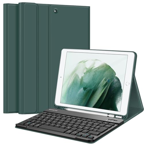 Fintie Tastatur Hülle für iPad 10.2 Zoll (9/8/ 7 Generation - 2021/2020/2019), Schutzhülle mit TPU Rückschale, Pencil Halter und magnetisch Abnehmbarer Tastatur mit QWERTZ Layout, Dunkelgrün von Fintie