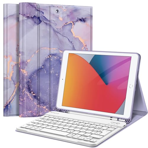 FINTIE Tastatur Hülle für iPad 10.2 Zoll (9/8/ 7 Generation - 2021/2020/2019), Schutzhülle mit TPU Rückschale, Pencil Halter und magnetisch Abnehmbarer Tastatur mit QWERTZ Layout, Marmor Lila von FINTIE