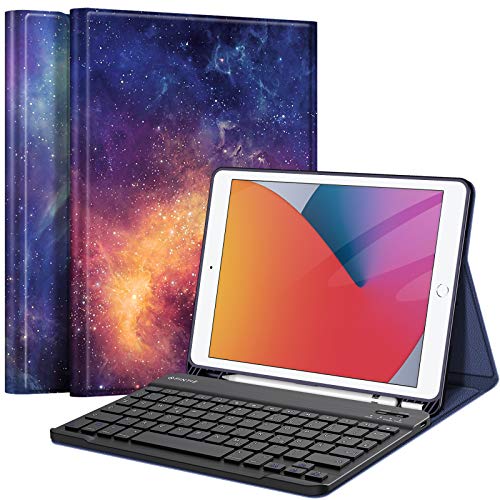 Fintie Tastatur Hülle für iPad 10.2 Zoll (9/8/ 7 Generation - 2021/2020/2019), Schutzhülle mit TPU Rückschale, Pencil Halter und magnetisch Abnehmbarer Tastatur mit QWERTZ Layout, Die Galaxie von Fintie