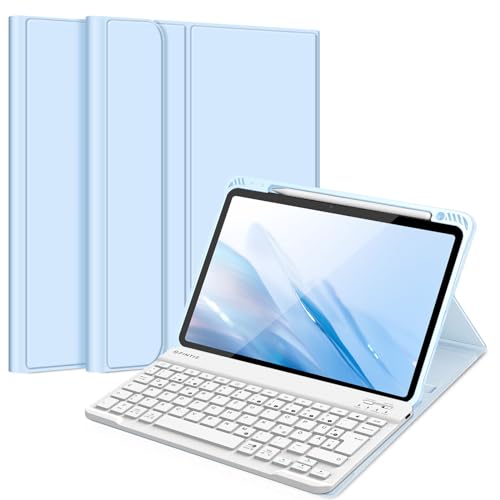 Fintie Tastatur Hülle für iPad Air 5 2022 / iPad Air 4 2020 10.9 Zoll, Schutzhülle mit TPU Rückschale, Pencil Halter und magnetisch Abnehmbarer Tastatur mit QWERTZ Layout, Himmelblau von Fintie