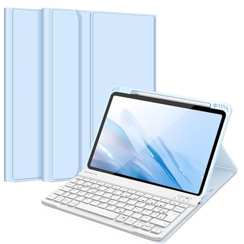 FINTIE Tastatur Hülle für iPad Air 11 Zoll M3/M2 (2025/2024), iPad Air 5/4 Generation 10.9"(2022/2020), TPU Rückschale Schutzhülle mit Stifthalter, magnetisch Abnehmbarer QWERTZ Keyboard, Himmelblau von FINTIE