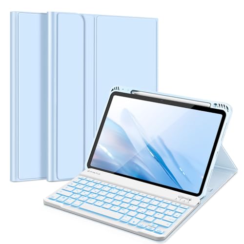 FINTIE Tastatur Hülle für iPad Air 11 Zoll 2024, iPad Air 5/4 Hülle mit Tastatur 2022/2020 10.9" - Magnetisch Abnehmbarer Keyboard mit DIY Hintergrundbeleuchtung, Deutsches QWERTZ Layout, Himmelblau von FINTIE