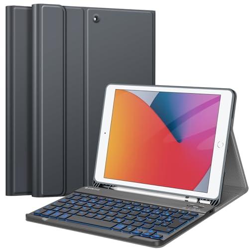 FINTIE Hülle mit Tastatur für iPad 9. / 8. / 7. Generation (10.2 Zoll, 2021/2020/2019), Beleuchtete Magnetisch Abnehmbarer Tastatur mit Schutzhülle, Deutsches QWERTZ-Layout, Himmelgrau von FINTIE