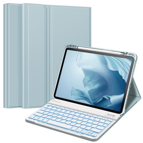 Fintie Tastatur Hülle für iPad Pro 11 Zoll 2022 / iPad Pro 11 2021/2020/ 2018 - Soft TPU Rückseite Gehäuse mit stifthalter, Abnehmbarer QWERTZ Tastatur mit Hintergrundbeleuchtung, Eisblau von Fintie