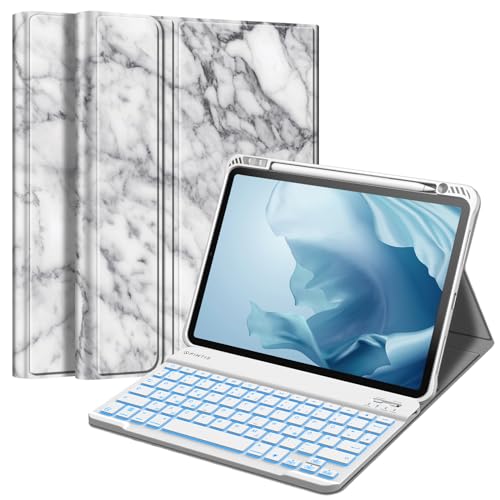 Fintie Tastatur Hülle für iPad Pro 11 Zoll 2022 / iPad Pro 11 2021/2020/ 2018 - Soft TPU Rückseite Gehäuse mit stifthalter, Abnehmbarer QWERTZ Tastatur mit Hintergrundbeleuchtung, Marmor weiß von Fintie