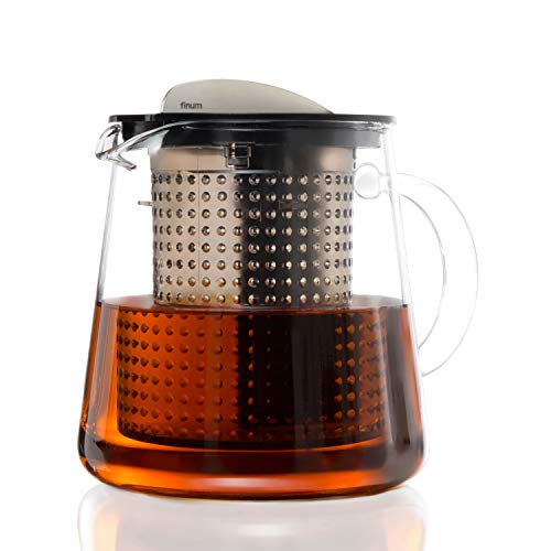 finum® TEA CONTROL 0,8 Liter (800 ml) - Glas Teekanne mit Edelstahlsteg, Siebeinsatz & Filzuntersetzer, Glaskanne Tee, Borosilikat Glas Kanne, Teebereiter, Filter, Patentierte Brühkontrolle - Schwarz von finum