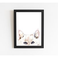 Süße Weiße Katze Malerei Kunstdruck, Spähende Kitty Wand-Dekor, Wandkunst, Niedliche Malerei, Katzenkunst von FiolettaArts