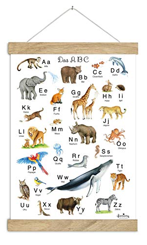 Fioniony DIN A3 ABC Poster Kunstdruck UNGERAHMT, OHNE HOLZLEISTE Tierposter Alphabet Lernposter Schulanfang 1. Klasse Kinderzimmer Weihnachten Bilder Zoo Wald Safari Afrika Kindergarten von Fioniony