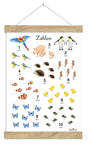 Fioniony Zahlenposter Din A3 Kunstdruck ungerahmt ZAHLEN 1-10 AQUARELL WEIß • Kinderzimmer Deko Zählen Kindergarten 123 Poster Tiere Wald Babyzimmer von Fioniony