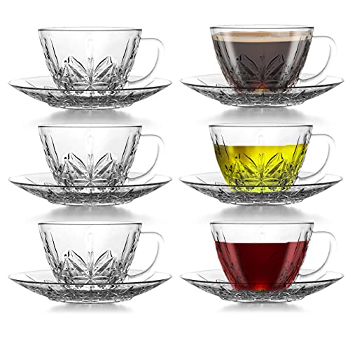 12 Tlg Kaffeeservice Teeservice 6 tassen + 6 untersetzer Glastassen mit Griff und Untersetzer Kaffeetassen Kristall Muster Teetassen (Cristall Model) von Fiora
