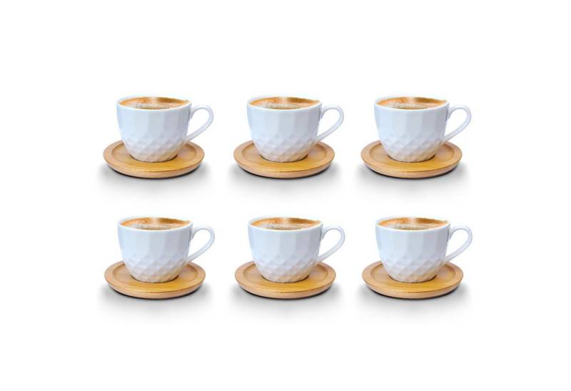 EsinHome Kaffeeservice Kaffeetassen Espressotassen + untersetzer Porzellan Holz Optik (12-tlg), 6 Personen, Porzellan, Kaffeeservice 12 Teilig für 6 Personen von EsinHome