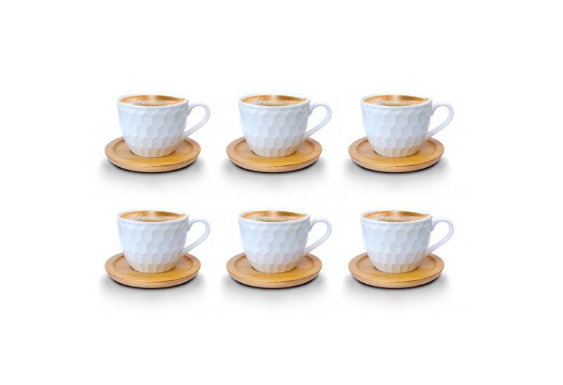 Fiora Kaffeeservice Kaffeetassen Espressotassen Cappuccinotassen mit untersetzer Porzellan 6 Tassen + 6 Untersetzer Holz Optik Weisse Kaffeetassen Set (12-tlg), 6 Personen, Porzellan, Kaffeeservice 12 Teilig für 6 Personen von Fiora