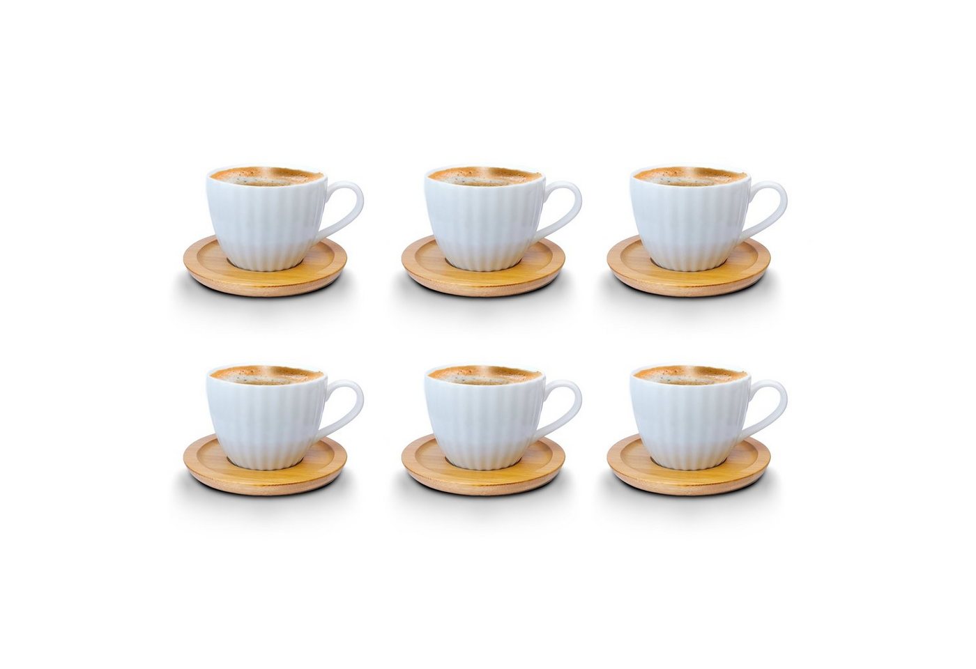 Fiora Kaffeeservice Kaffeetassen Espressotassen Cappuccinotassen mit untersetzer Porzellan 6 Tassen + 6 Untersetzer Holz Optik Weisse Kaffeetassen Set (12-tlg), 6 Personen, Porzellan, Kaffeeservice 12 Teilig für 6 Personen von Fiora
