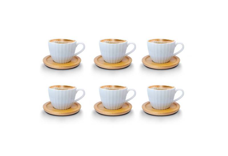 EsinHome Kaffeeservice Kaffeetassen Espressotassen + untersetzer Porzellan Holz Optik (12-tlg), 6 Personen, Porzellan, Kaffeeservice 12 Teilig für 6 Personen von EsinHome