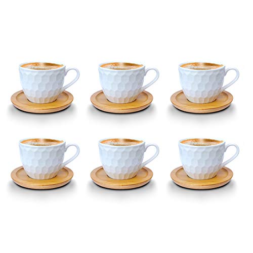 Kaffeetassen Espressotassen Cappuccinotassen mit untersetzer Holz Optik Porzellan 6 Tassen + 6 Untersetzer Weisse Kaffeetassen Set (Tasse 100 ml - Model 2) von Fiora